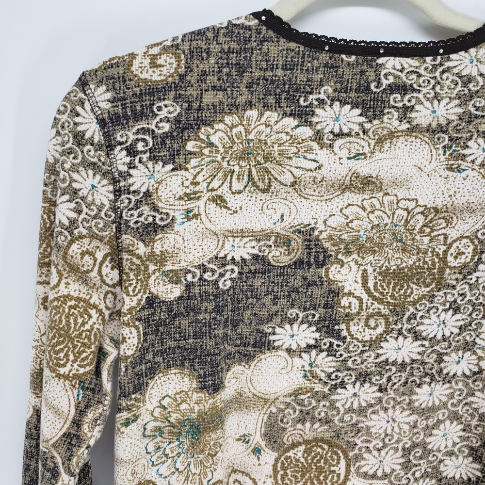 Vintage Y2K Floral Waffle Knit Top Women Small Olive Cream Long Sleeve Lace Trim - Picture 5 of 7